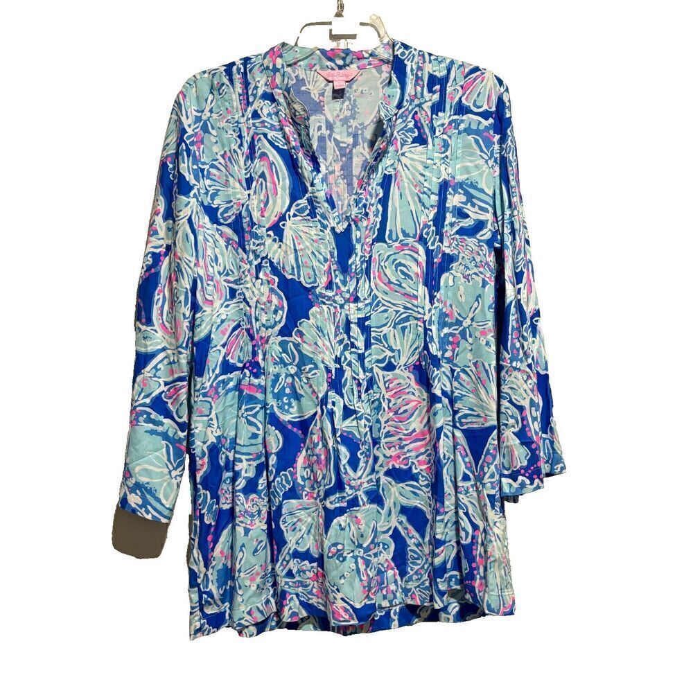 Lilly Pulitzer Tunic Blouse Top Blue L Long Sleeve V Neck 100% Rayon Floral - Picture 1 of 11